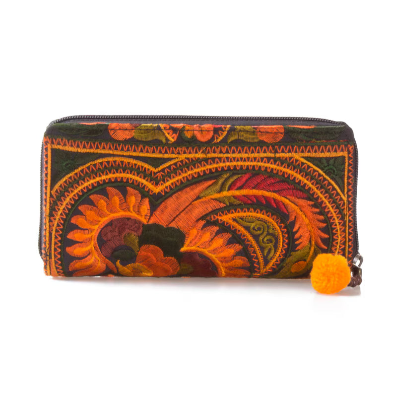 Portafoglio boho ricamato Hmong, borsa tribale con cerniera e pompon - WA301ORGB