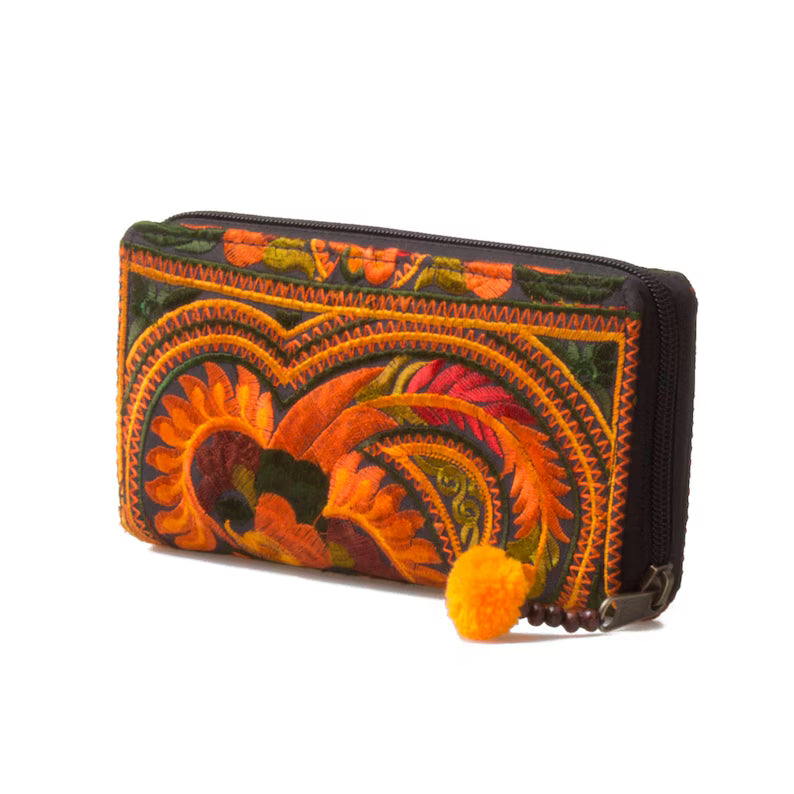 Portafoglio boho ricamato Hmong, borsa tribale con cerniera e pompon - WA301ORGB