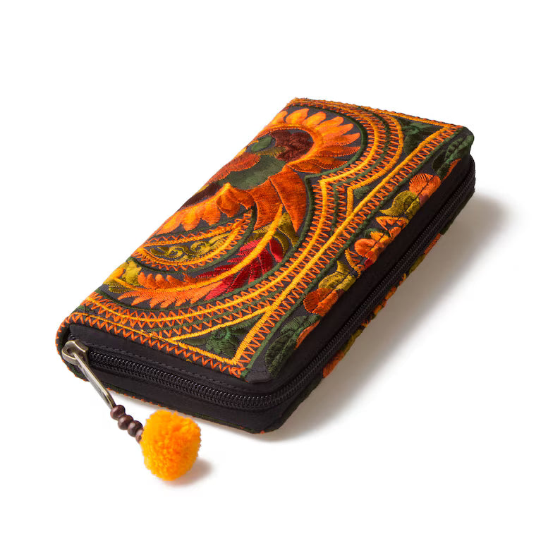 Portafoglio boho ricamato Hmong, borsa tribale con cerniera e pompon - WA301ORGB
