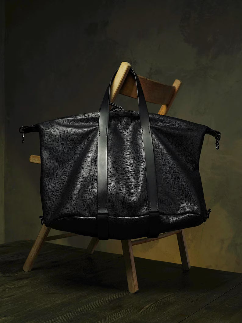 Borsa da viaggio da weekend in pelle pieno fiore: borsone da viaggio in pelle nera