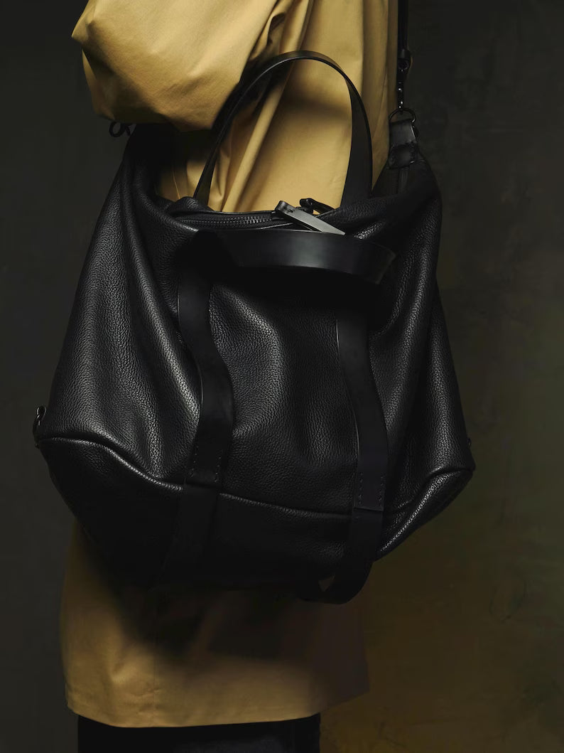 Borsa da viaggio da weekend in pelle pieno fiore: borsone da viaggio in pelle nera