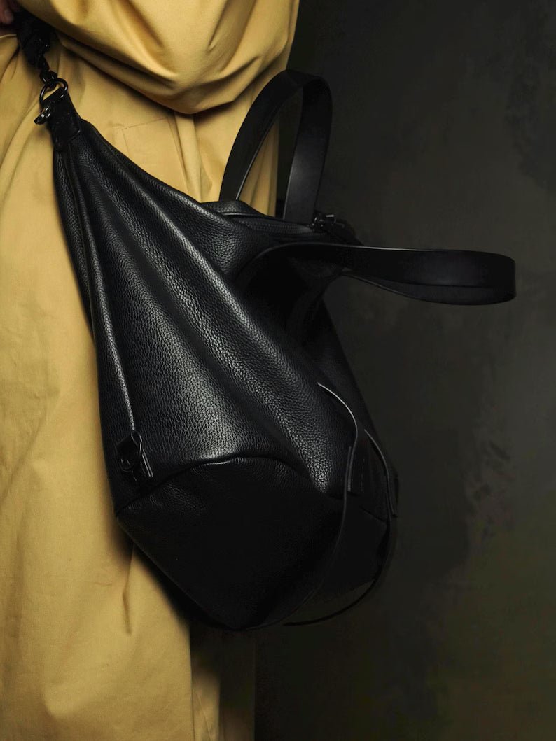 Borsa da viaggio da weekend in pelle pieno fiore: borsone da viaggio in pelle nera