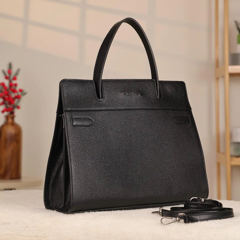 Borsa a mano in pelle nera con chiusura magnetica - Multiscomparto / Con tracolla / Per tutti i giorni