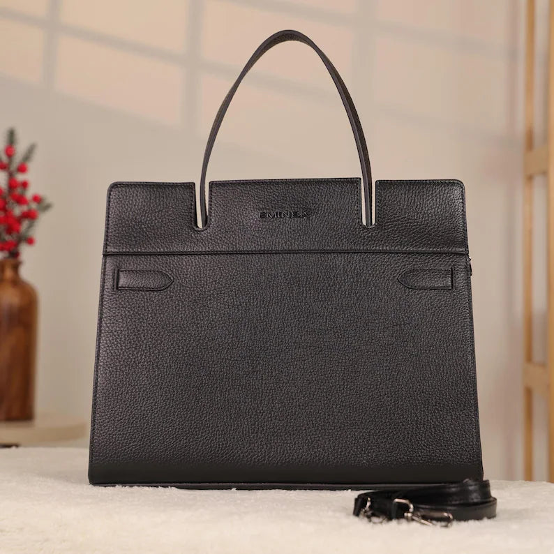 Borsa a mano in pelle nera con chiusura magnetica - Multiscomparto / Con tracolla / Per tutti i giorni