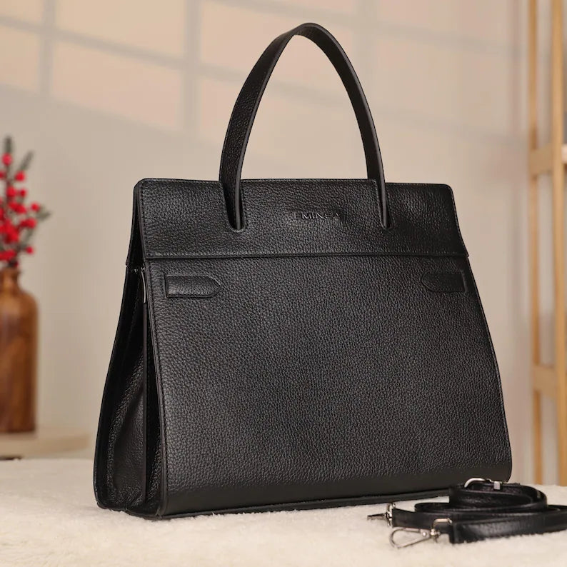 Borsa a mano in pelle nera con chiusura magnetica - Multiscomparto / Con tracolla / Per tutti i giorni