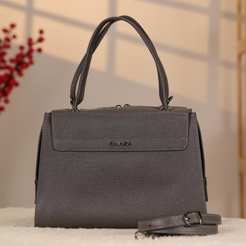 Borsa a mano in vera pelle di colore grigio - Borsa versatile / multiscomparto con tracolla